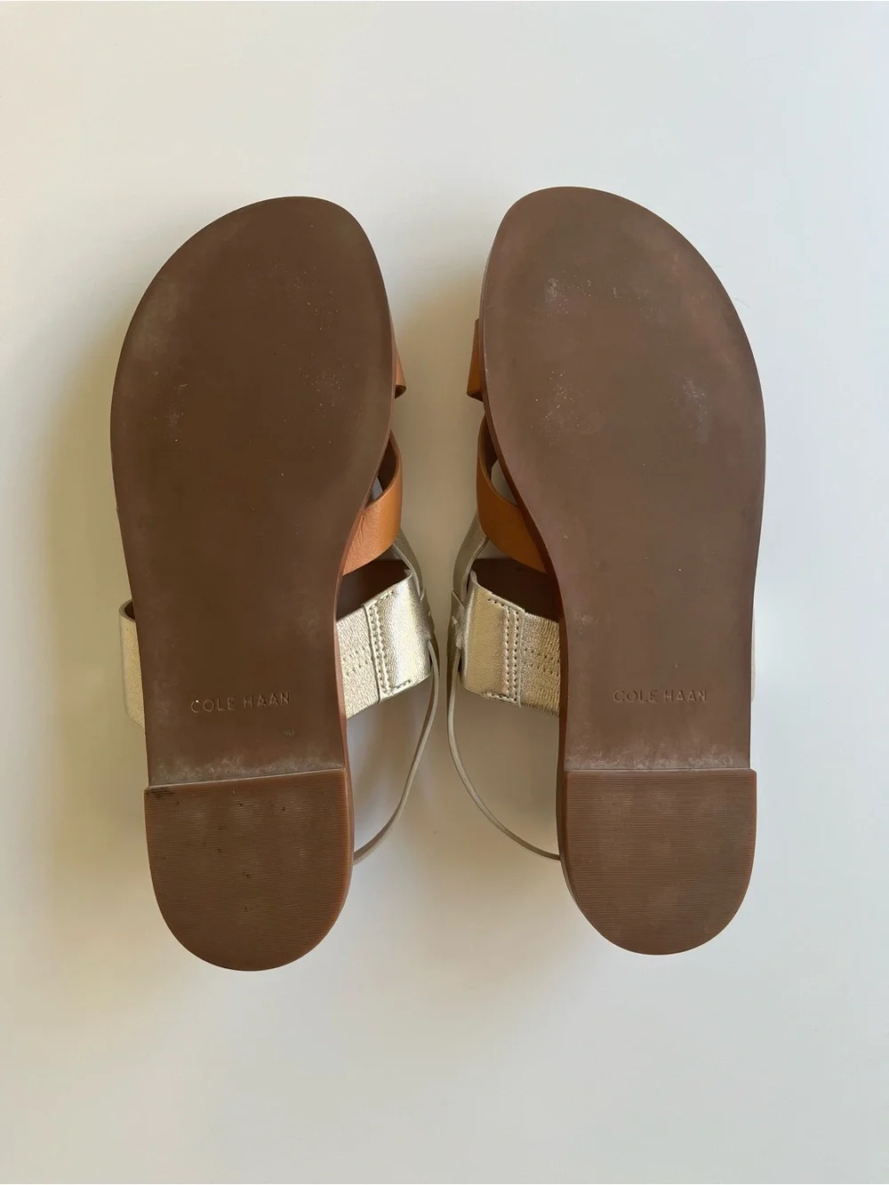 Cole Haan Tan and Gold Leather Cross-Strap Sandals - Picture 2 of 3